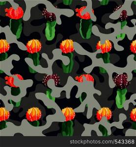 Trendy camouflage illustration hand drawn watercolor cactus on military background khaki in blue gray color camo seamless vector pattern