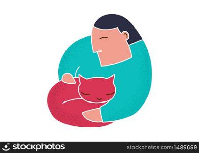 Trendy cartoon man holding red cat. Hand drawn vector about animal care illustration. Happy young man hugs cat. Cute cat simple line art vector. Simple trendy cartoon people hold animal.. Trendy cartoon man holding red cat line art