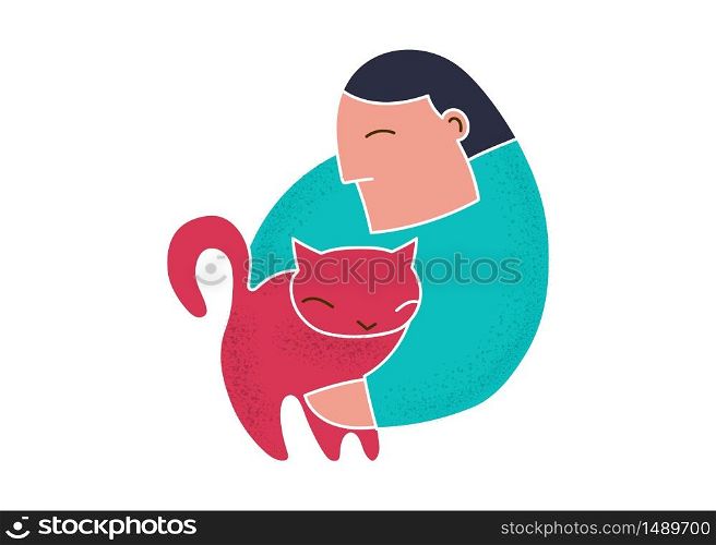 Trendy cartoon man holding red cat. Hand drawn vector about animal care illustration. Happy young man hugs cat. Cute cat simple line art vector. Simple trendy cartoon people hold animal.. Trendy cartoon man holding red cat line art