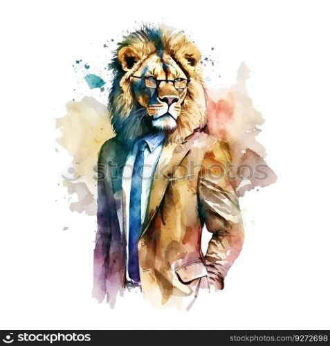Trendy cartoon poster with lion fashion suit watercolor white background. Trendy vector illustration. Fashion, style clothes. Isolated vector illustration.