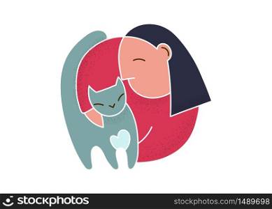 Trendy cartoon woman holding grey cat. Hand drawn vector about animal care illustration. Happy young woman hugs cat. Cute cat simple line art vector. Simple trendy cartoon people hold animal.. Trendy cartoon woman holding cat simple vector