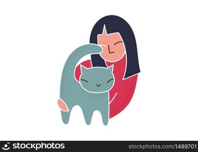 Trendy cartoon woman holding grey cat. Hand drawn vector about animal care illustration. Happy young woman hugs cat. Cute cat simple line art vector. Simple trendy cartoon people hold animal.. Trendy cartoon woman holding cat simple vector