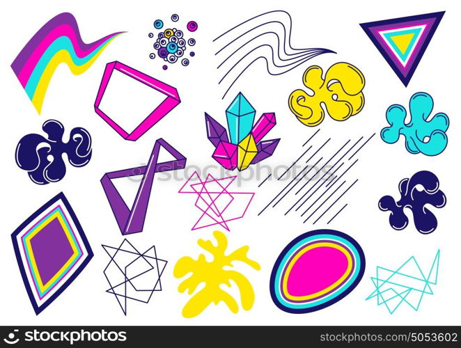 Trendy colorful set of objects for design. Abstract modern color elements in graffiti style. Trendy colorful set of objects for design. Abstract modern color elements in graffiti style.