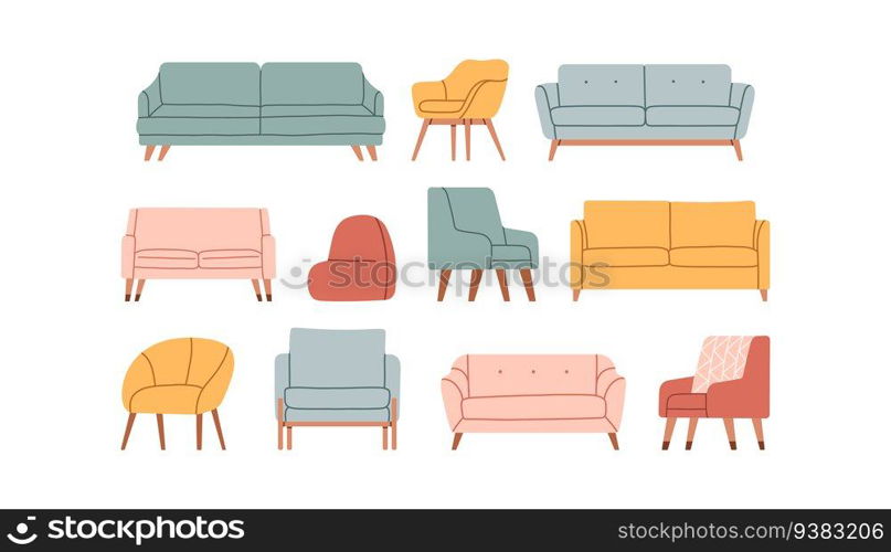 Trendy comfortable chair and couch set. Abstract soft furniture, luxury armchair, sofa, hand drawn doodle elements. Vector. Vector illustration