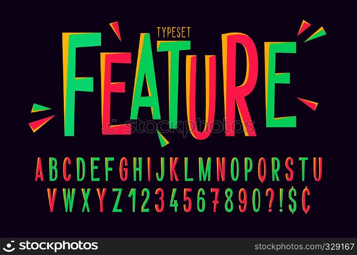 Trendy comical condensed font design, colorful alphabet, typeface. Vector illustration, decorative typeset. EPS10. Trendy comical condensed font design, colorful alphabet