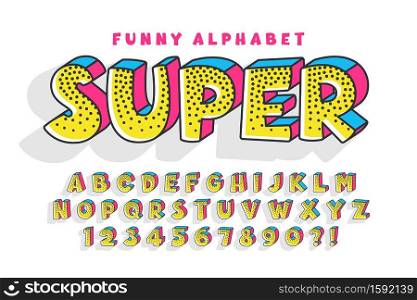 Trendy comical original alphabet design, colorful, typeface. Vector illustration, decorative typeset.. Trendy comical original alphabet design, colorful, typeface.