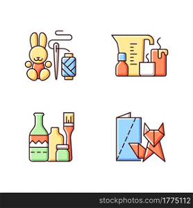 Trendy crafts RGB color icons set. Amigurumi bunny. Candle making. Repurposed wine bottles. Origami. Handmade toys. Isolated vector illustrations. Home decor simple filled line drawings collection. Trendy crafts RGB color icons set