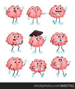 Trendy cute brain in different poses flat illustration set. Cartoon brainy character emotions isolated vector illustration collection. Brainpower, mind and intelligence concept