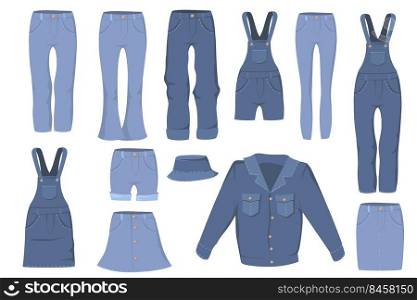 Trendy denim clothes flat set for web design. Cartoon garment models made of blue jean fabric isolated vector illustration collection. Fashion and textile concept