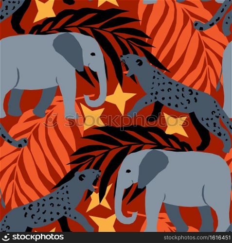 Trendy design for textile, wallpaper, wrapping, web backgrounds and other pattern fills. Vector seamless pattern with african night scene Elephants and jaguars illustration