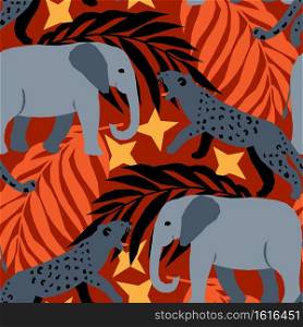 Trendy design for textile, wallpaper, wrapping, web backgrounds and other pattern fills. Vector seamless pattern with african night scene Elephants and jaguars illustration