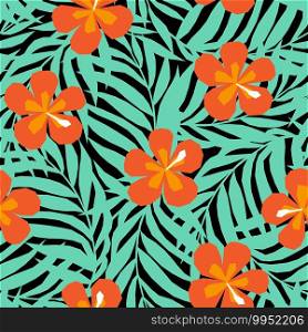 Trendy design for textile, wallpaper, wrapping, web backgrounds and other pattern fills. Vector seamless pattern in applique style with tropical palm leaves and flowers