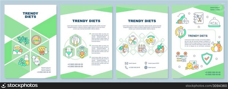 Trendy diets brochure template. Healthy nutrition and eating. Leaflet design with linear icons. 4 vector layouts for presentation, annual reports. Arial-Black, Myriad Pro-Regular fonts used. Trendy diets brochure template
