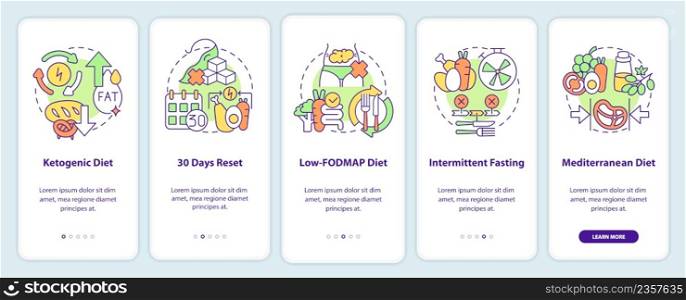 Trendy diets onboarding mobile app screen. Healthy nutrition walkthrough 5 steps graphic instructions pages with linear concepts. UI, UX, GUI template. Myriad Pro-Bold, Regular fonts used. Trendy diets onboarding mobile app screen