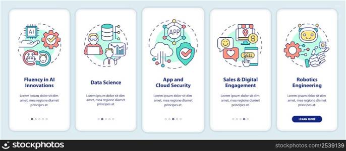 Trendy digital skills onboarding mobile app screen. Data science walkthrough 5 steps graphic instructions pages with linear concepts. UI, UX, GUI template. Myriad Pro-Bold, Regular fonts used. Trendy digital skills onboarding mobile app screen