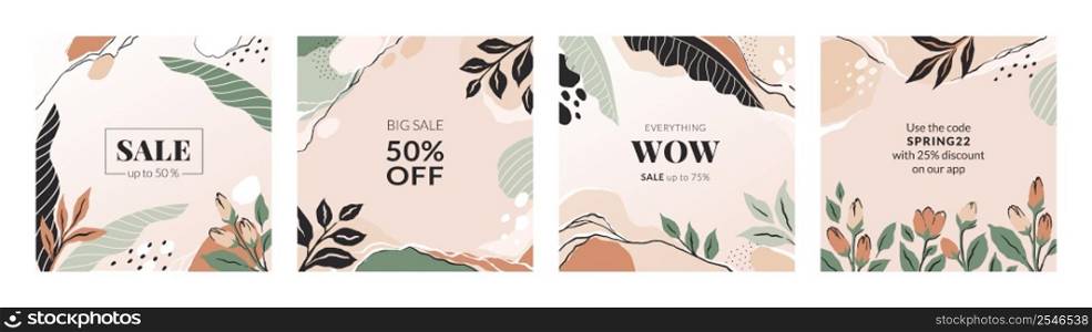 Trendy discount banners. Sale labels with abstract organic shapes. Natural colors leaves and flowers on square cards, botanical social media posts collection, promotional offer posters, vector set. Trendy discount banners. Sale labels with abstract organic shapes. Natural colors leaves and flowers on square cards, botanical social media posts, promotional offer posters, vector set