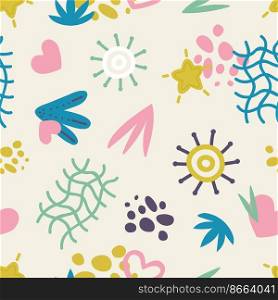 Trendy doodle abstract elements pattern. Sun, leaf and star. Contemporary fashion seamless texture, vector print template. Background pattern leaf and floral contemporary illustration. Trendy doodle abstract elements pattern. Sun, leaf and star. Contemporary fashion seamless texture, vector print template
