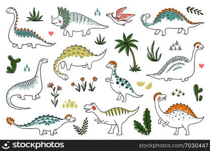 Trendy doodle dinosaurs. Cute outline dino babies set, funny cartoon dragons and Jurassic dinosaurs. Vector prehistoric lizards illustration. Trendy doodle dinosaurs. Cute outline dino babies set, funny cartoon dragons and Jurassic dinosaurs. Vector prehistoric lizards