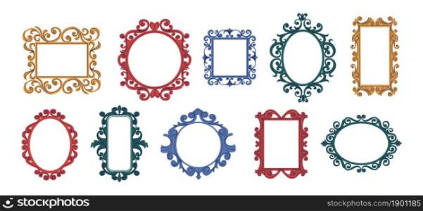 Trendy doodle frames. Contemporary decorative curly framing collection for mirrors and quotes. Hand drawn elegant vintage square or round borders mockup. Vector empty interior ornate frameworks set. Trendy doodle frames. Contemporary decorative curly framing collection for mirrors and quotes. Hand drawn elegant vintage square or round borders. Vector empty interior frameworks set