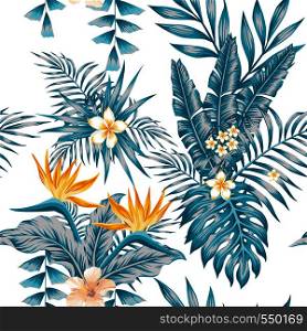 Trendy exotic composition flowers bird of paradise, plumeria and tropical plants blue color scheme palm leaves seamless pattern white background