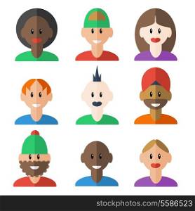Trendy face and headwear social media forums participants profile avatar man woman design set isolated vector illustration