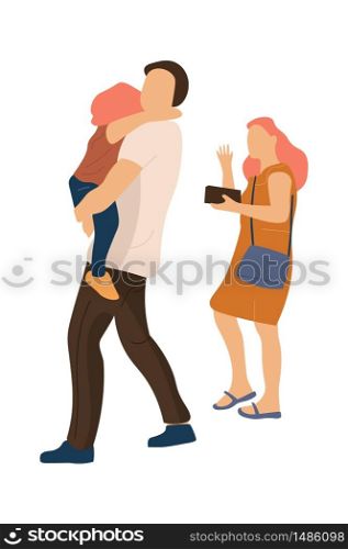 Trendy family walking. Happy mother and father, with baby in her arms, walk together. Vector modern summer outdoor concept on white background. Trendy family walking. Happy mother and father, with baby in her arms, walk together. Vector modern summer outdoor concept