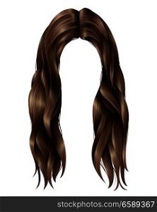 Trendy female dark long hairs with parted in middle, wavy strands on white background isolated vector illustration. Trendy Female Long Hairs