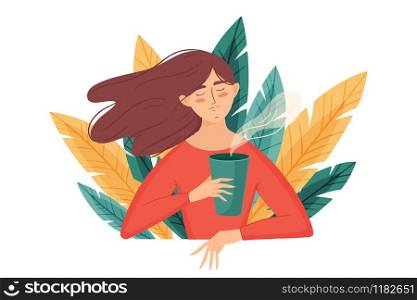 Trendy flat character girl with a cup of coffee or tea relaxing on the leaves background. Female cartoon character. Trendy vector lifestyle design illustration. Cozy hygge style.