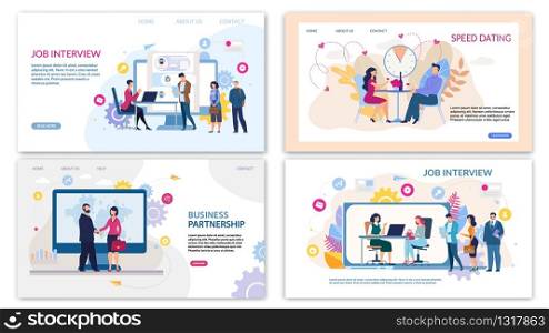 Trendy Flat Landing Page Set for Online Services. Speed Dating for Lonely People, Business Meeting Organization for Company, Job Interview Resources. Vector Cartoon Busy People Illustration. Trendy Flat Landing Page Set for Online Services
