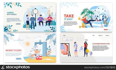 Trendy Flat Landing Pages Set for Business Revenue. Services for Earning Money by Investment or Freelance, Rest, Customers Protection. Businesspeople Characters. Vector Cartoon Illustration. Trendy Flat Landing Pages Set for Business Revenue