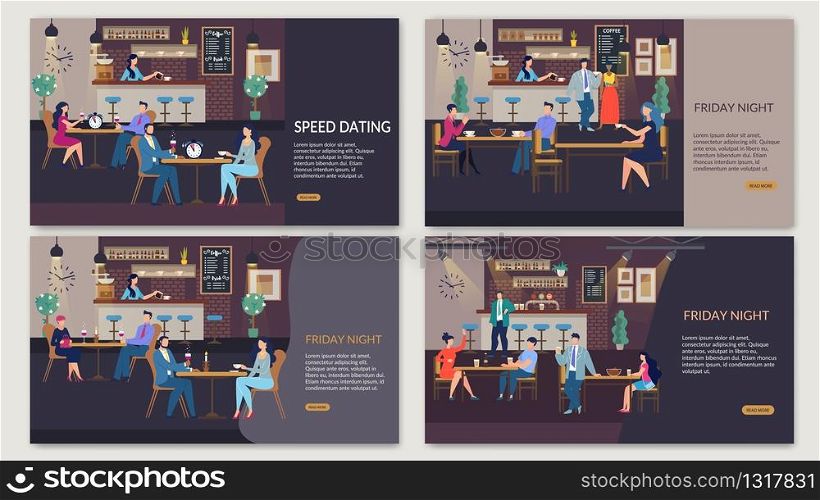 Trendy Flat Webpage Set for Organization Rest Time after Work. Spending Friday Night with Business Team or Friends, Going on Speed Dating for Searching Love. Vector Cartoon Illustration. Webpage Set for Organization Rest Time after Work
