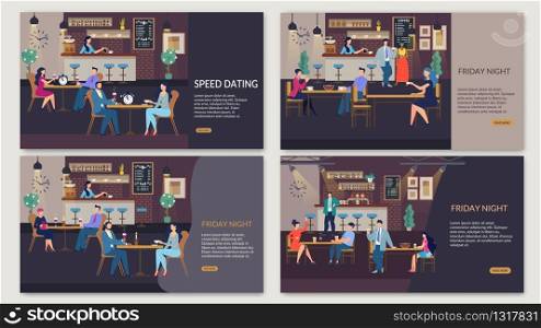 Trendy Flat Webpage Set for Organization Rest Time after Work. Spending Friday Night with Business Team or Friends, Going on Speed Dating for Searching Love. Vector Cartoon Illustration. Webpage Set for Organization Rest Time after Work