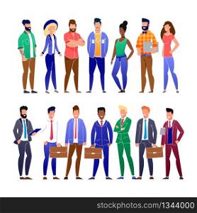 Trendy Flat Young Business People and Freelancers Cartoon. Creative Multiracial Group in Modern Hipster Clothing. Office Staff Multi-ethnic Male Characters in Suits. Vector Human Illustration. Trendy Flat Business People and Freelancers Set