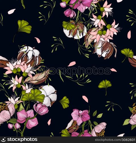 Trendy floral pattern. Isolated seamless cotton print. Vintage background. Hand drawn vector illustration.