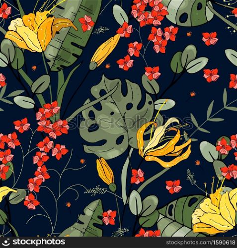 Trendy floral pattern. Isolated seamless pattern. Vintage background. Wallpaper. Hand drawn. Vector illustration.