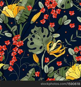 Trendy floral pattern. Isolated seamless pattern. Vintage background. Wallpaper. Hand drawn. Vector illustration.