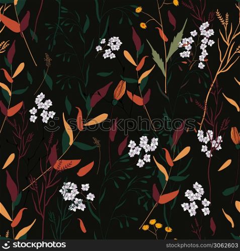 Trendy floral pattern. Isolated seamless print. Vintage background. Hand drawn vector illustration.
