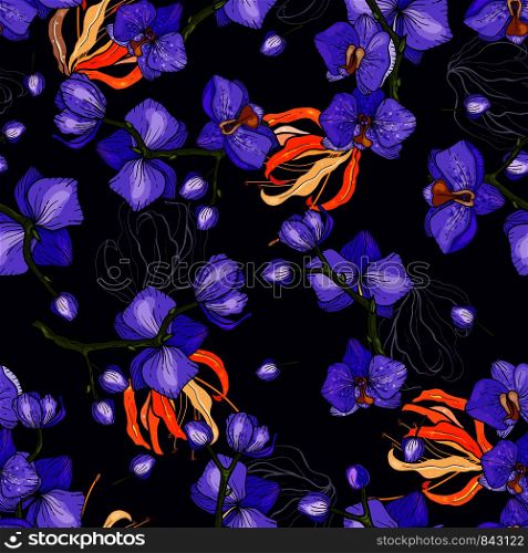 Trendy floral pattern with purple orchids. Isolated seamless print. Vintage background. Hand drawn vector illustration.