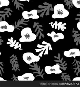 Trendy floral seamless pattern inspired by Matisse, blue and red poppies, black and white floral pattern.. Trendy floral seamless pattern inspired by Matisse, blue and red poppies, black and white floral pattern