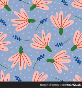 Trendy floral seamless pattern on blue background. Vector cartoon cute flowers in childish hand-drawn style. Backdrop for wallpaper, print, textile, fabric, wrapping.