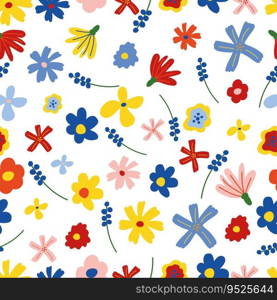 Trendy floral seamless pattern on white background. Vector cartoon cute flowers in childish hand-drawn style. Backdrop for wallpaper, print, textile, fabric, wrapping.