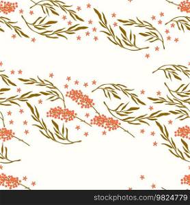 Trendy floral seamless pattern with leaves, buds, flowers and berries. Flower background illustration. Spring plants in elegant style. Colorful vector illustration. 