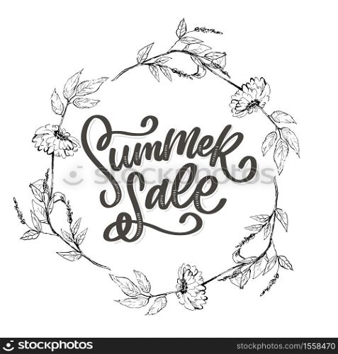 Trendy floral vector template. Summer flowers and Summer sale lettering illustration.. Trendy floral vector template. Summer flowers and Summer sale lettering illustration. Shabby gold texture on striped background.