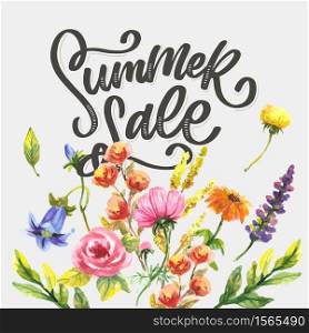Trendy floral vector template. Summer flowers and Summer sale lettering illustration.. Trendy floral vector template. Summer flowers and Summer sale lettering illustration. Shabby gold texture on striped background.