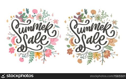 Trendy floral vector template. Summer flowers and Summer sale lettering illustration. Trendy floral vector template. Summer flowers and Summer sale lettering illustration.
