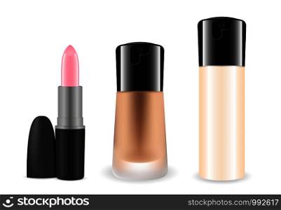 Trendy foundation cosmetic ads, Plastic and matt glass Bottles with dispenser, creamy texture. Whole set with lipstick. 3d vector illustration.. Trendy foundation cosmetic ads, Plastic matt glass