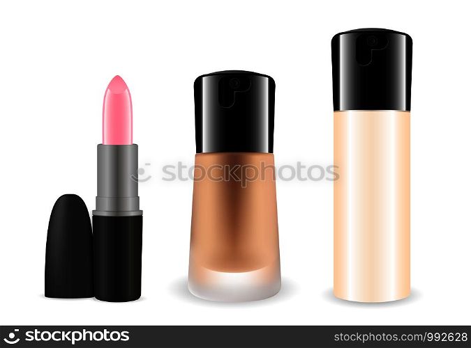 Trendy foundation cosmetic ads, Plastic and matt glass Bottles with dispenser, creamy texture. Whole set with lipstick. 3d vector illustration.. Foundation cosmetic. Plastic, matt glass Bottles