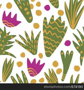 Trendy freehand abstract leaves seamless pattern. Hand draw floral wallpaper. Exotic jungle plants vector illustration. Concept trendy fabric textile design. Trendy freehand abstract leaves seamless pattern. Hand draw floral wallpaper.