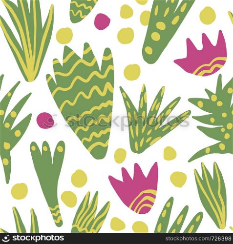 Trendy freehand abstract leaves seamless pattern. Hand draw floral wallpaper. Exotic jungle plants vector illustration. Concept trendy fabric textile design. Trendy freehand abstract leaves seamless pattern wallpaper.