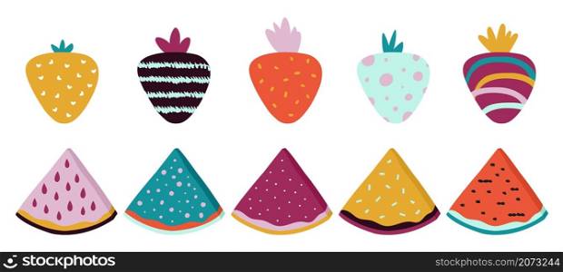 Trendy fruits. Doodle abstract watermelon strawberry with texture. Isolated contemporary food, bright scandinavian style vector elements. Watermelon pattern trendy, strawberry illustration. Trendy fruits. Doodle abstract watermelon strawberry with texture. Isolated contemporary food, bright scandinavian style vector elements